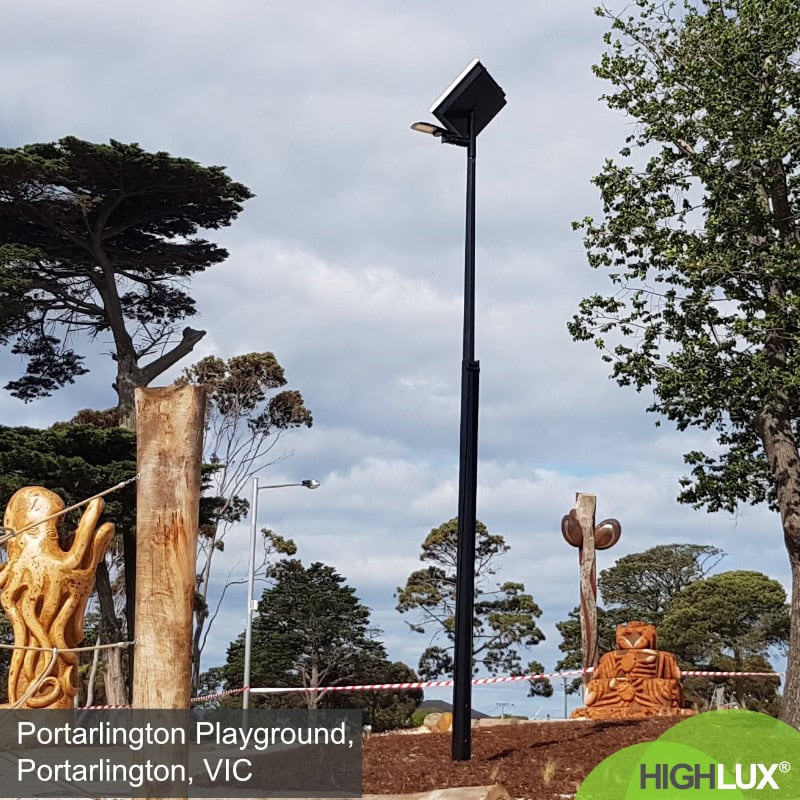 Wooden sculptures near a solar streetlight at Portarlington Playground, VIC with trees in the background.